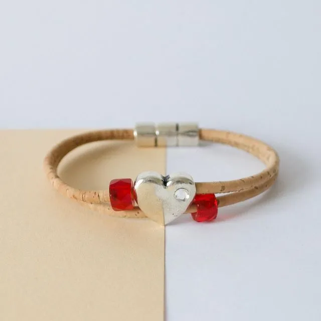 Mother’s Day Gift,Beautiful Red Beaded Heart Bracelet, Portuguese Cork Silver Bracelet, Vintage Natural Cork Bracelet,Elegant Love Heart