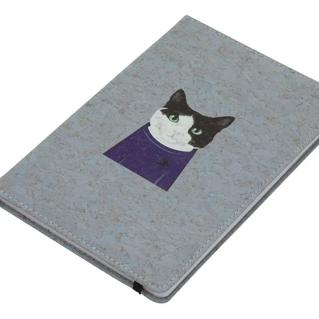 Vegan Cork Cover Notebook A5, Blue Cat Printed Travel Journal, Unique Stationery Diary, Composition Notebook For Home And Office
