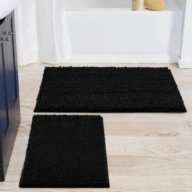 Black Extra Soft Shag Plush Absorbent Bathroom Mat Rug Non-Slip With Shower Curtain 15 Piece Set