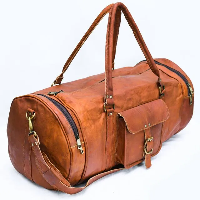 24" Vintage Leather Duffel Luggage Travel Bag ( ROUND ) .
