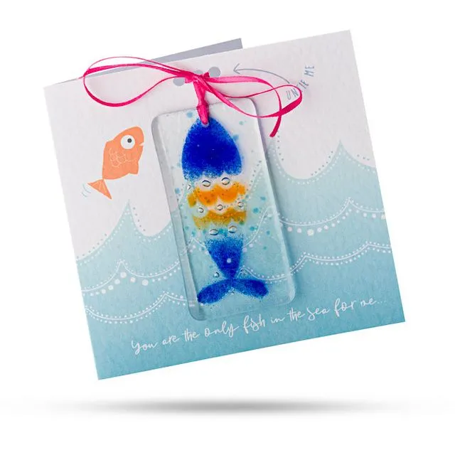 You are the only fish in the sea for me (Goldfish) - Greeting card with fused glass ornament