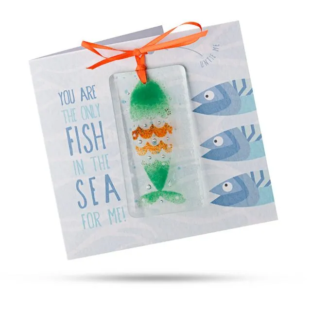 You are the only fish in the sea for me! (3 Fish) - Greeting card with fused glass ornament