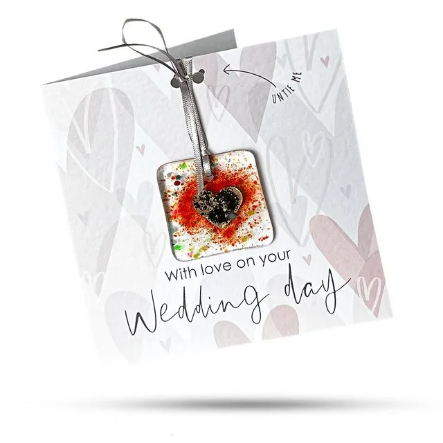 Wedding (Hearts Pink) - Greeting card with fused glass ornament