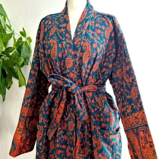 Paisley Unisex Yak Wool Blend Floral Kimono/Robe – Regal Teal Deep Emerald Green Rust Orange