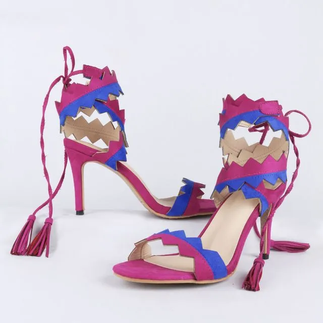 LMS Wraparound Zigzag Heel Sandals In Pink & Blue