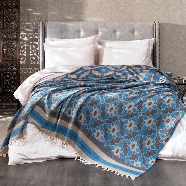 Leyla Soft Cotton Jacquard Bedspread, Turquoise | 220 x 245 cm