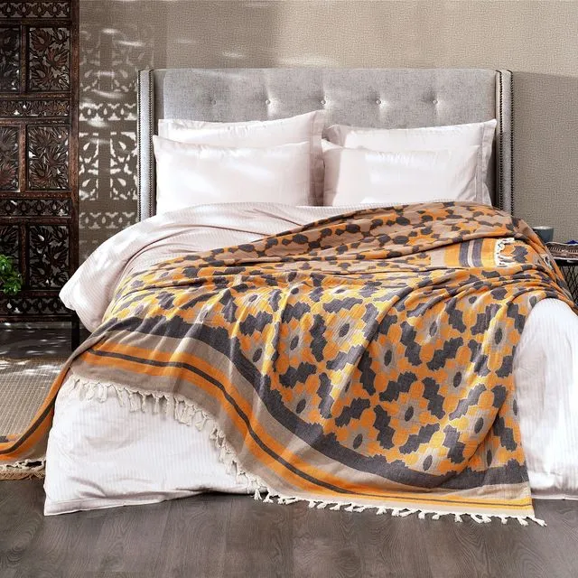 Leyla Soft Cotton Jacquard Bedspread, Marigold Orange | 220 x 245 cm