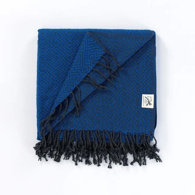 Rumeli Cotton Throw Blanket, Hand-Loomed, Cobalt Blue