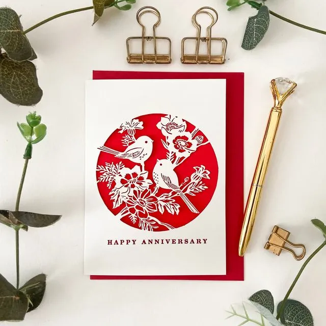 Wren bird couple anniversary card, William Morris romantic anniversary card,