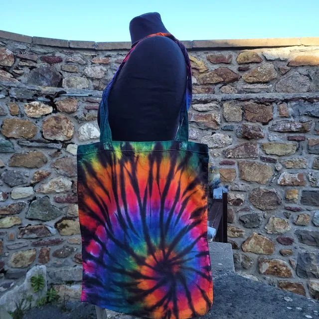Hand tie dyed rainbow swirl 100% cotton tote bag