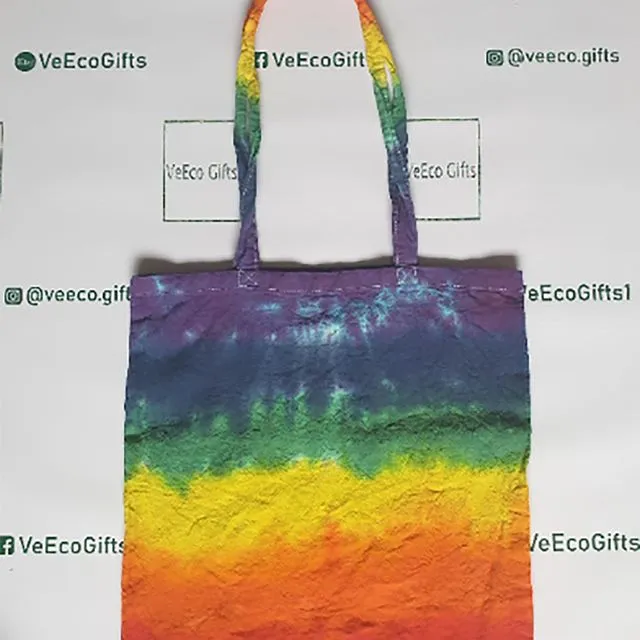 Hand tie dyed rainbow stripe pattern 100% Cotton tote bag