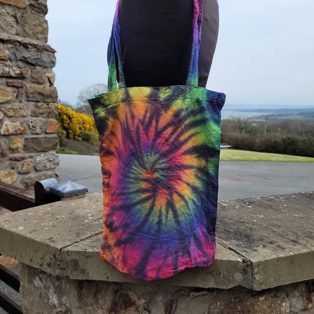 Hand tie dyed rainbow spiral 100% Cotton tote bag