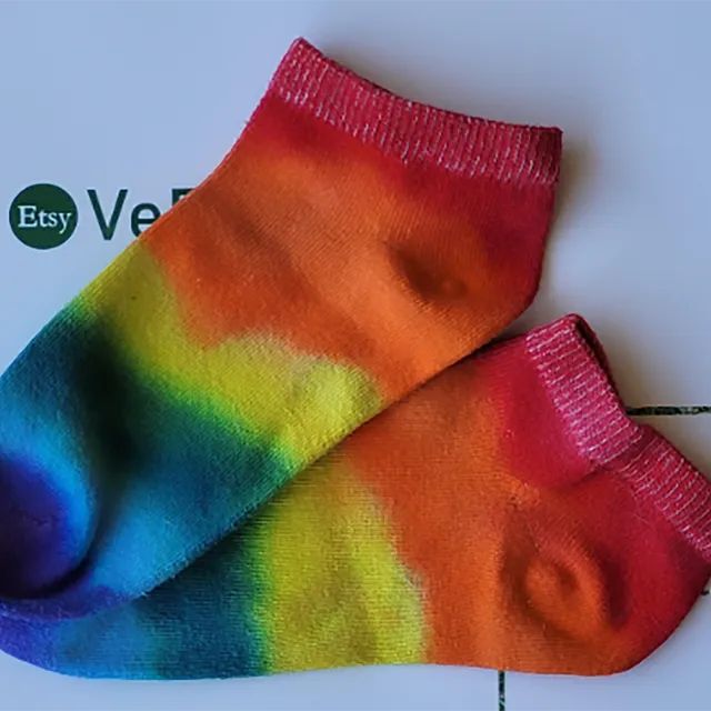 Hand tie dyed rainbow stripe trainer socks, available in adult and children sizes