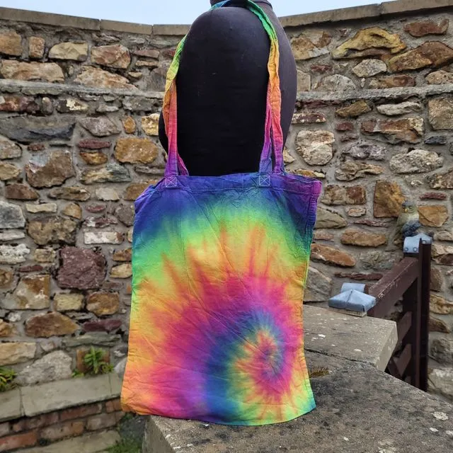Hand tie dyed rainbow swirl 100% Cotton tote bag