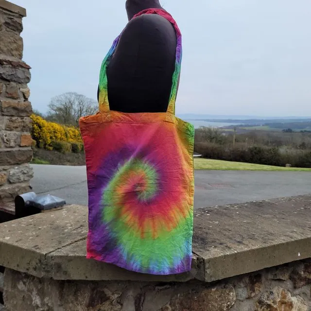 Hand tie dyed rainbow swirl 100% Cotton tote bag