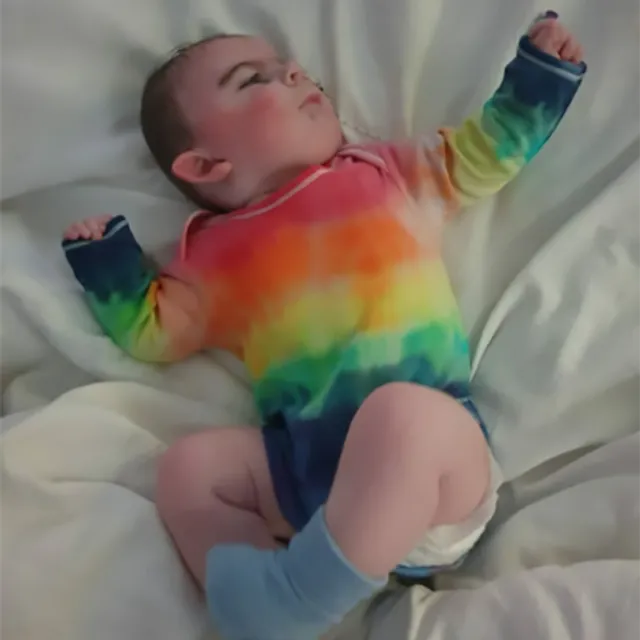 Ice tie dyed rainbow stripe 100% cotton long sleeve baby grow, available in 0 -24 months