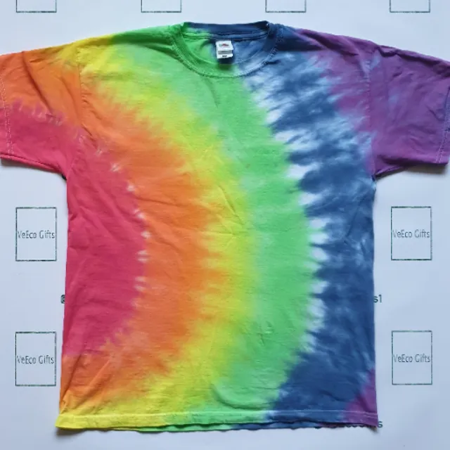 Mens hand tie dyed rainbow semi circle 100% Cotton short sleeve T-shirt. Available in adult & children sizes