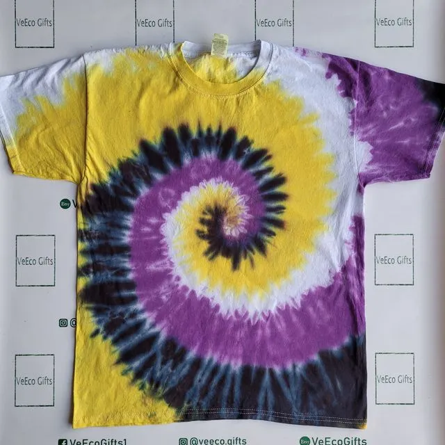 Mens hand tie dyed Non-Binary Pride flag swirl pattern 100% cotton short sleeve T-shirt. Available in adult and children sizes