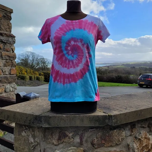 Mens hand tie dyed Transgender Pride flag swirl pattern 100% cotton short sleeve T-shirt. Available in adult and children sizes