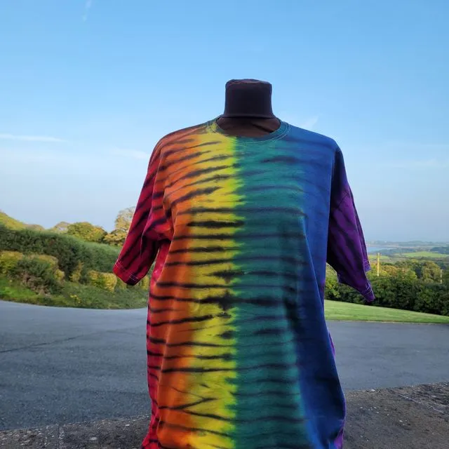 Mens hand tie dyed rainbow stripe pattern 100% cotton short sleeve T-shirt. Available in adult and children sizes