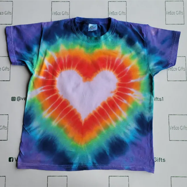 Mens hand tie dyed rainbow heart design 100% cotton short sleeve T-shirt. Available in adult &amp; children sizes