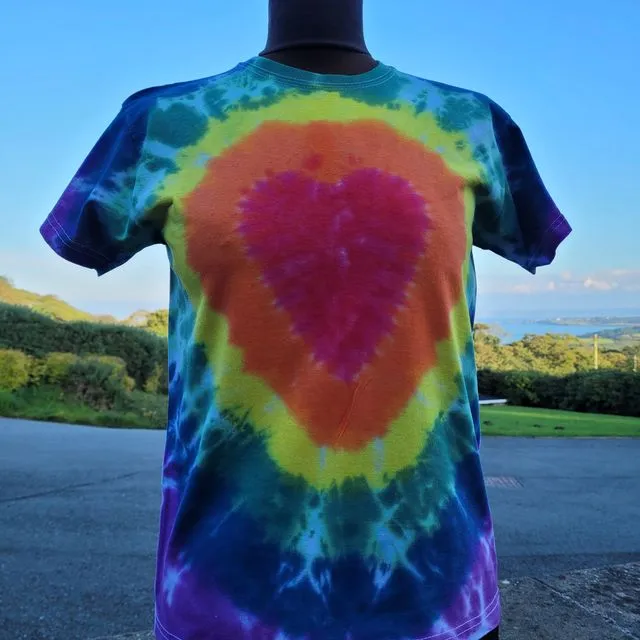 Mens hand tie dyed rainbow heart design 100% cotton short sleeve T-shirt. Available in adult &amp; children sizes