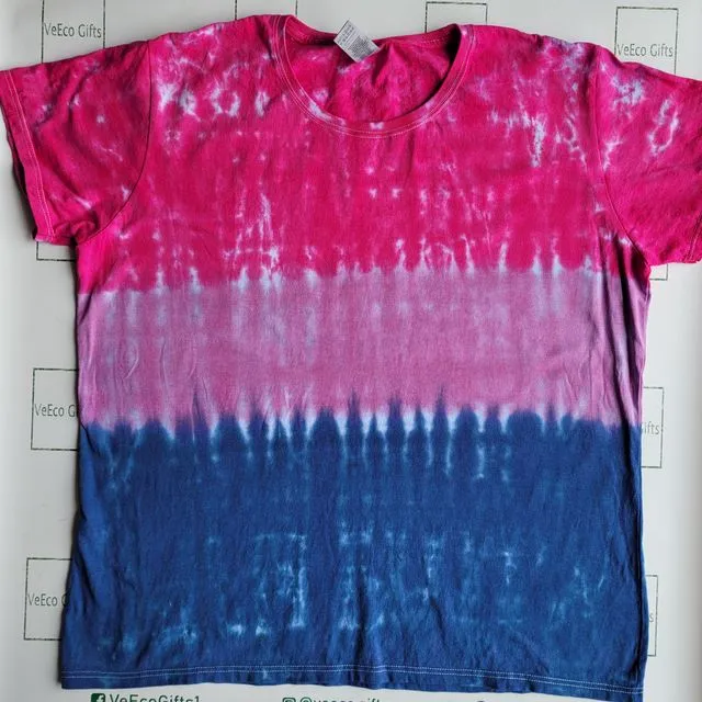 Ladies hand tie dyed Bisexual Pride flag stripe pattern 100% cotton short sleeve T-shirt. Available in adult and children sizes