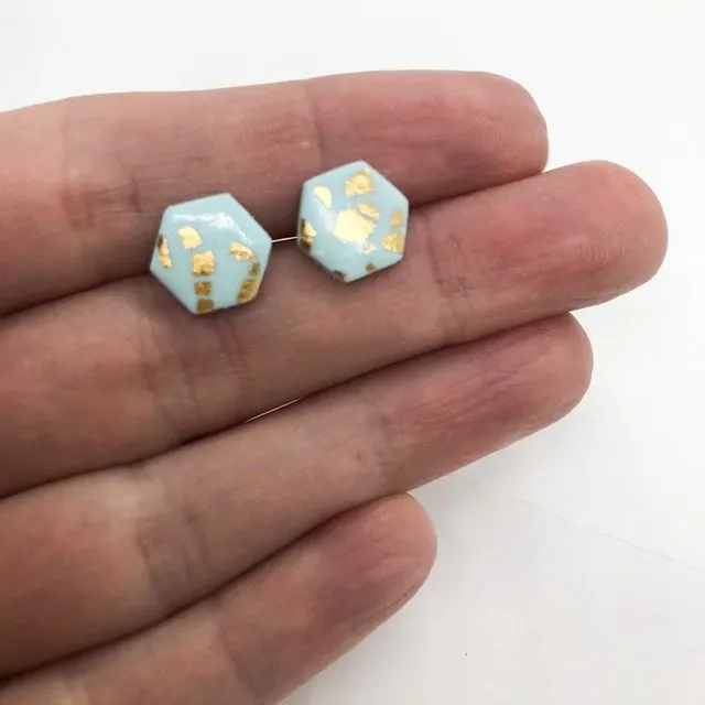 Mint green and gold leaf, hexagon polymer clay stud earrings