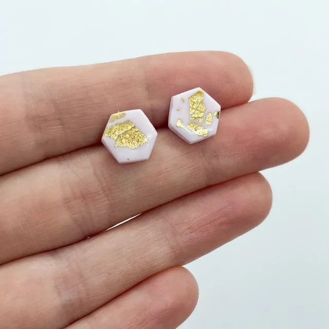 Pink and gold leaf, hexagon polymer clay stud earrings
