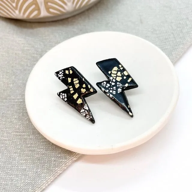 Polymer clay earrings, lightening bolt studs, black and gold earrings,