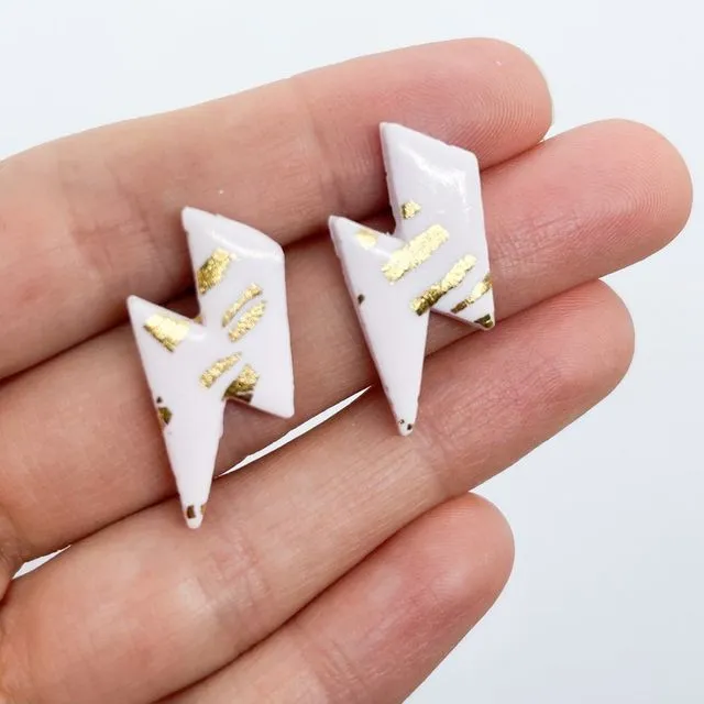 Lightning bolt earrings, pink & gold leaf polymer clay stud earrings