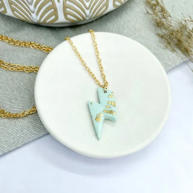polymer clay lightening bolt necklace on gold plated chain