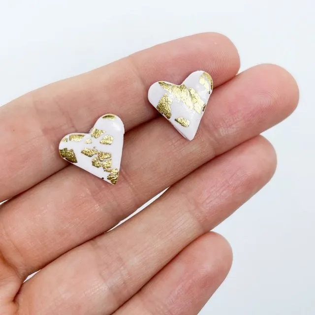 Pink and gold leaf heart earrings, polymer clay stud earrings