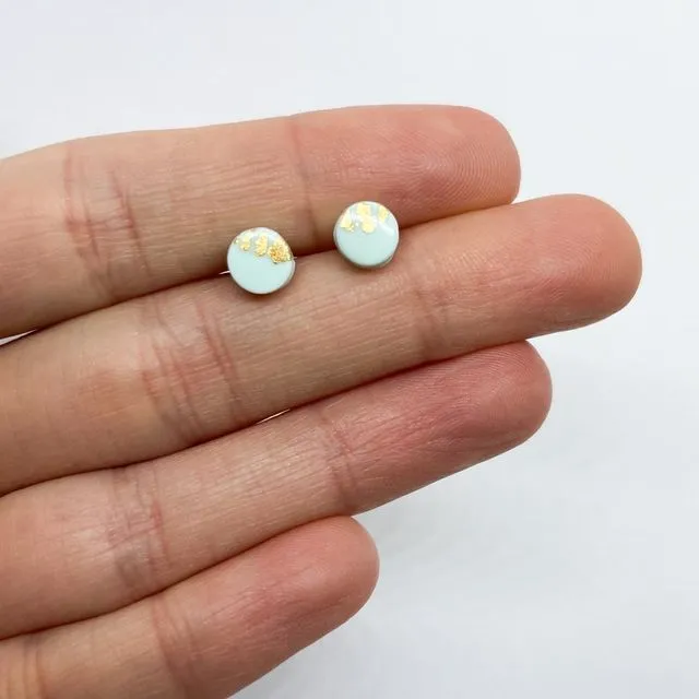 Tiny polymer clay stud earrings, light green and gold leaf