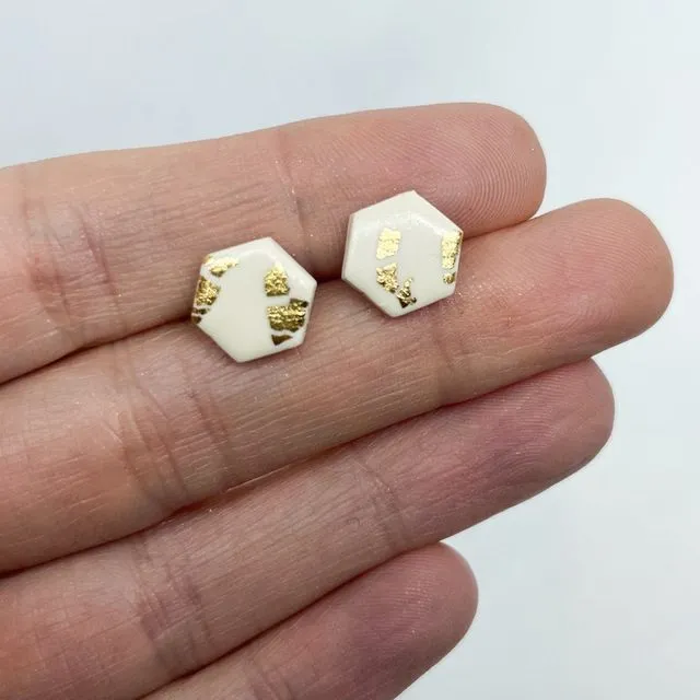 Cream and gold leaf polymer clay stud earrings