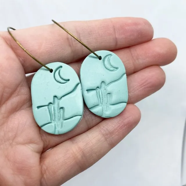 polymer clay earrings, green embossed