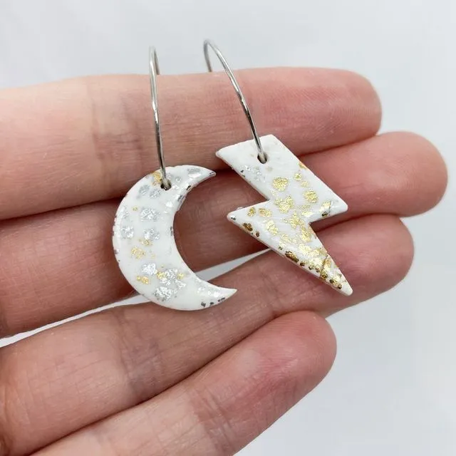 andmade polymer clay lightening bolt and moon hoop earrings