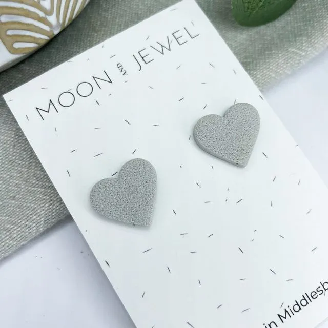 Grey love heart stud earrings, handmade polymer clay earrings