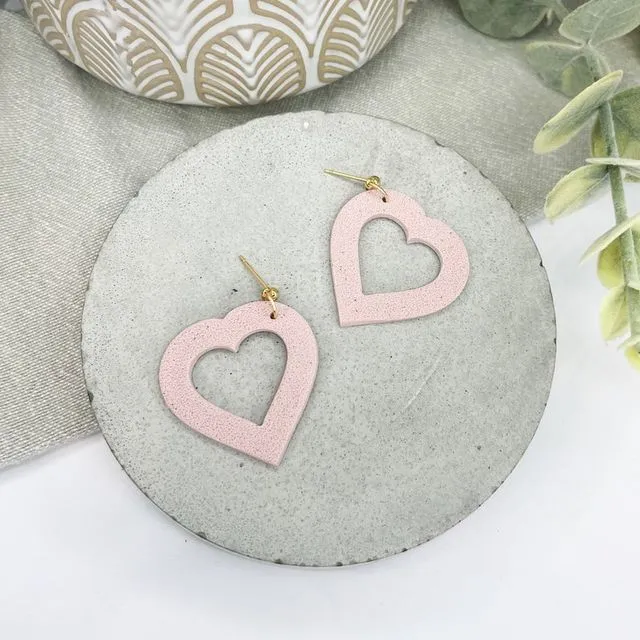 Pink textured heart polymer clay earrings
