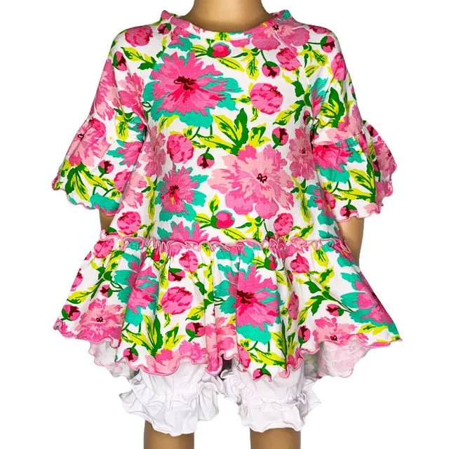 AnnLoren Little & Big Girls 3/4 Angel Sleeve Pink Green Big Floral Cotton Knit Ruffle Shirt - ANGEL-SHIRT-OLIVIA