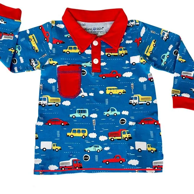 AnnLoren Toddler & Big Boys Long Sleeve Polo Shirt With Pocket Automobile Print - B-SHIRT-LS-CARS
