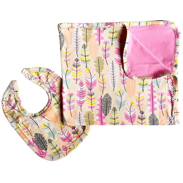 AnnLoren Baby Toddler Girls Feather Blanket & Bib Gift Set 2 pc Knit Cotton - BLANKET-BIB-FEATHER