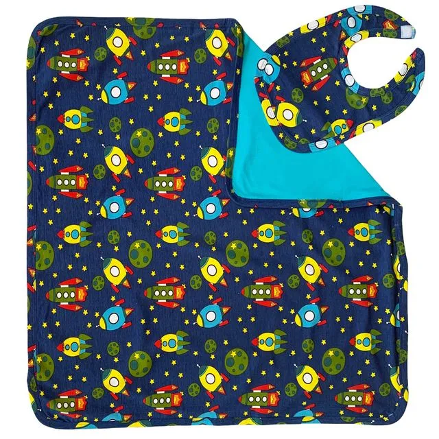 AnnLoren Baby Toddler Boy Space Ship Blanket & Bib Gift Set 2 pc Knit Cotton - BLANKET-BIB-SPACE
