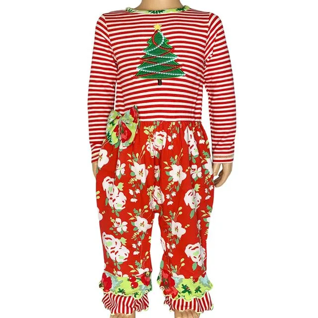 AnnLoren Baby Girls Merry Christmas Tree Holiday Floral Toddler Romper One Piece - FELICITY-ROMPER