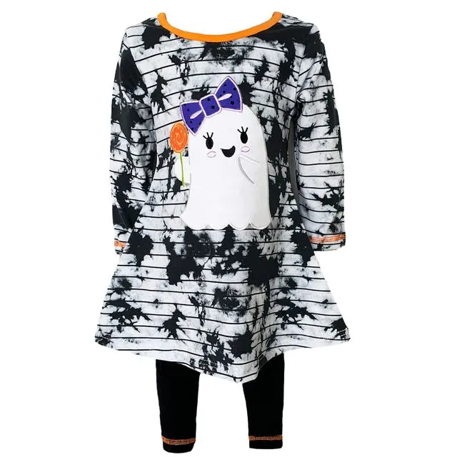 AnnLoren Girls Halloween Ghost Tie Dye Outfit Dress And Black Leggings - GHOST-FS-190LS