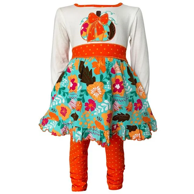 AnnLoren Little And Big Girls Vibrant Autumn Floral Pumpkin Thanksgiving Dress & Leggings - HAZEL-FS-289LS