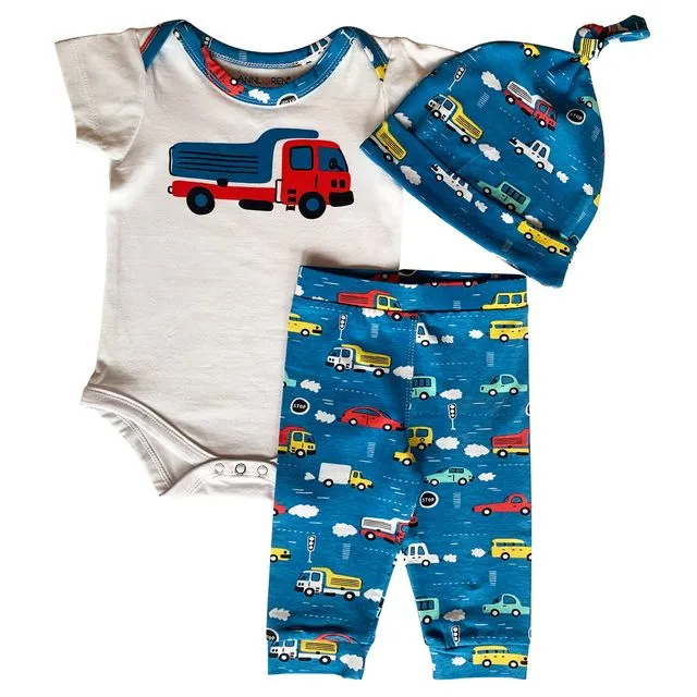 AnnLoren Baby Boys Layette Cars Trucks Onesie Pants Cap 3pc Gift Set Clothing - LAYETTE-CAR