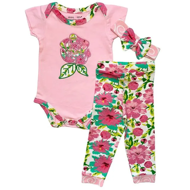 AnnLoren Baby Girls Layette Pink Floral Onesie Pants Headband 3pc Gift Set Clothing - LAYETTE-OLIVIA