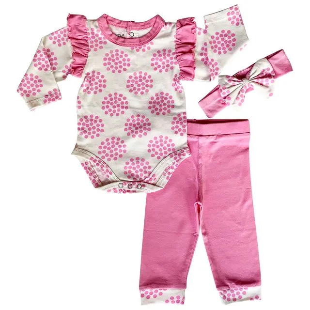 AnnLoren Baby Girls Layette Pink Polka Dot Onesie Pants Headband 3pc Gift Set Clothing Sizes 3M - 18M - LAYETTE-POLKA-FS