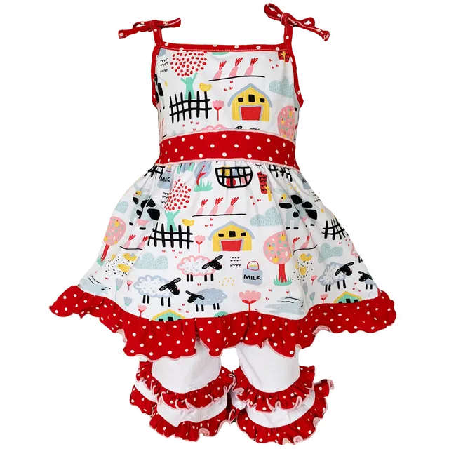 AnnLoren Little & Big Girls Farm Animals Dress And Capri Ruffle Leggings Outfit - MABEL-SS-289NS